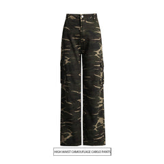 High Street Retro Denim Camouflage Pants Trendy Multi Pocket Workwear Straight Leg Pants