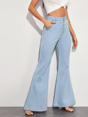 Casual All Match Big Horn Wide Leg Denim Trousers