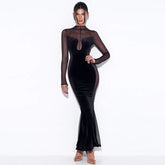 Cutout See through Dress Long Sleeve round Neck Backless Dress