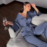 Satin Langarm Strickjacke Schnürung Nachthemd Set Home Lose Hosen Pyjamas Set