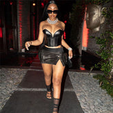 Herbst Cropped Tube Top Kunstleder Slim Fit Patchwork Top Rock Sets