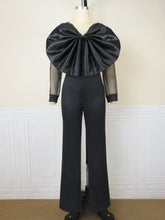 V neck Tramsparent Yarn Long Sleeve High Waist Jumpsuit Casual Office Jumpsuit