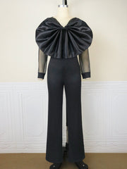 V neck Tramsparent Yarn Long Sleeve High Waist Jumpsuit Casual Office Jumpsuit