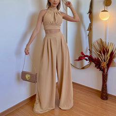 Casual Set Halter Slim Fit Elegant Chest Wrapped High Waist Trousers Two Piece Set
