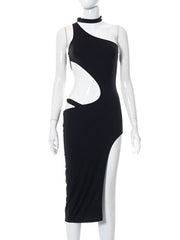 Solid Color Pullover Hollow-out Side Open High Waist Sheath Dress