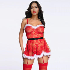 Plus Size Nightdress Christmas Red Lace Garter Set Lingerie