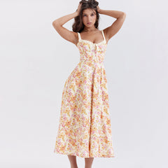 Florales Slip-Kleid, rückenfrei, geschlitzt, mittellang, Urlaubskleid