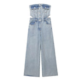 Casual All Matching Cropped Outfit Hollow Out Cutout out Shoulder-Baring Tube Top Denim Jumpsuit
