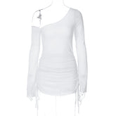 Pure Shoulder Long Sleeve See through Pleating Dress