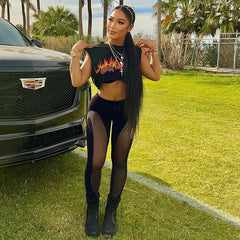 Printed Sleeveless Top Stitching Mesh Trousers Set