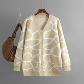 Jacquard-Pullover mit V-Ausschnitt und langem Linienmuster, Baggy-Mantel