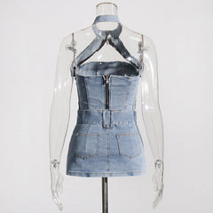 Halter off the Shoulder Short Denim Vest Slimming Sheath Skirt Two Piece Suit