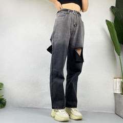 Jean déchiré à coutures dégradées de couleurs, style hipster urbain, coupe droite, pantalon large