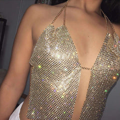 Haut à bretelles dos nu avec décolleté plongeant en V et strass scintillants, bretelles ultra courtes