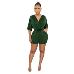 Wear Solid Color Tied V Neck Half Sleeves Shorts Jumpsuit