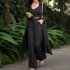 Fall Casual Trench Coat Wide Leg Pants Three-Piece Suit