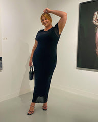 Robe en maille transparente, décontractée, taille serrée, col rond, grosses rayures, robe longue amincissante en maille