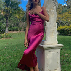 Satinkleid mit quadratischem Kragen, rückenfreies Partykleid mit Schlitz und Trägern