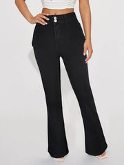 Wear High Waist Double Button Slim Jeans Bootcut Trousers
