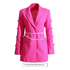 Dignified Hollow Out Cutout Bow Rhinestone Sleeve Pearl Belt Business Dress