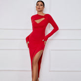 Maxikleid Schlankes Etuikleid Enger Schlitz Langarm Weihnachtskleid