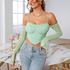 Boning Corset Boning Corset cropped Pleated Mesh T shirt Vest Camisole