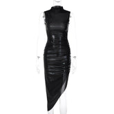 Solid Color Faux Leather Slim Pleated Sleeveless Dress