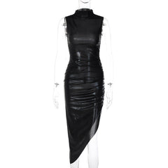 Solid Color Faux Leather Slim Pleated Sleeveless Dress