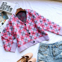 Cardigan court ample à carreaux losanges assortis, couleur assortie, pull en mohair