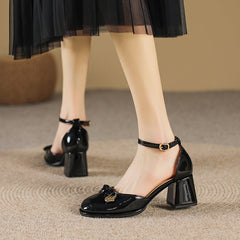 Sandales à talons épais et creux pour femmes, style printemps, à bout rond et mi-haut