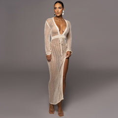 Cutout Wool Deep V Plunge Neck High Slit Knitted Dress