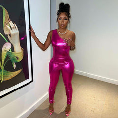 Glossy Faux Leather One Shoulder Top High Waist Sheath Trousers Set