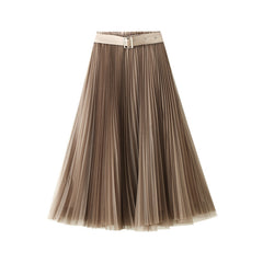 With Belt Mesh Skirt High Waist Mid-Length Pleated Skirt A- Line Fairy Gauze Skirt Skirt Skirt
