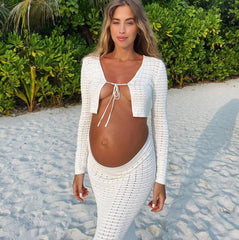 Sweet Casual Hollow Out Cutout Out Short Lace Up Cropped Knitted Cardigan Coat Skirt Knitting Suit