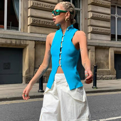 Single Breasted Knitted Vest Hollow Out Cutout Knitted Cropped Turtleneck Sleeveless Slim Fit Shape Vest Top