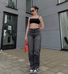 Hohe Taille Gerade Jeans Reines Schwarz Casual Lose Hängenden Straße