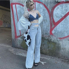 Street Fried Street Jeans Pantalon droit taille haute Pantalon large à cordon noué