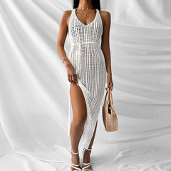 Robe de plage longue en tricot ajouré et découpé, dos nu, pour les vacances, chemise de protection solaire