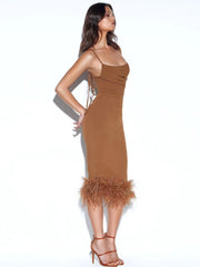 Elegant Lady Dress Feather Skinny Sheath Cami Dress