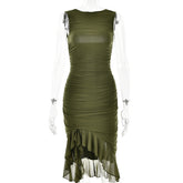 round Neck Sleeveless Dress Tight Backless Pleated Midi Dress