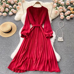Robe longue à manches longues, col en V, nœud, lacets, taille cintrée, au-dessus du genou, style rétro français, grande robe trapèze plissée