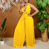 V Neck Long Sleeve Collared Loose Pleated Wide Leg Jumpsuit