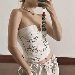 Knitted Floral Embroidered Wrapped Chest Short Top Vest Outer Wear