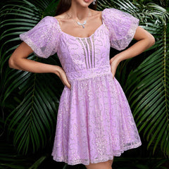 Hollow Out Cutout Short Mesh Lace Puff Sleeve Dress