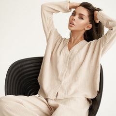 Double Layer Crepe V-neck French Loose Comfortable Long Sleeve Pajamas Cotton Linen Homewear Set