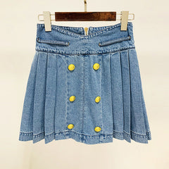 Star Double Breasted Lion Buckle Pleated Wash Denim Skirt Short Skirt