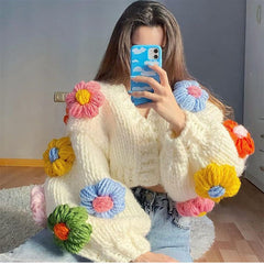 Coat Crocheted Three-Dimensional Floral Lantern Sleeve Socialite Loose Lazy Thick Warm Sweater Cardigan