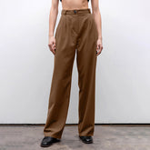 Pantalon décontracté marron taille haute ample et amincissant, pantalon droit