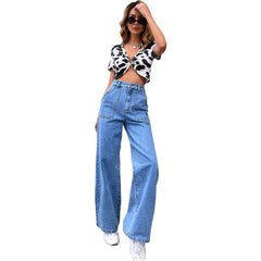 Large Pocket High Waist Casual Straight-Leg Denim Pants