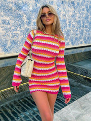 Backless Lace up Striped Contrast Color Small Horn Sleeve Sheath Dress